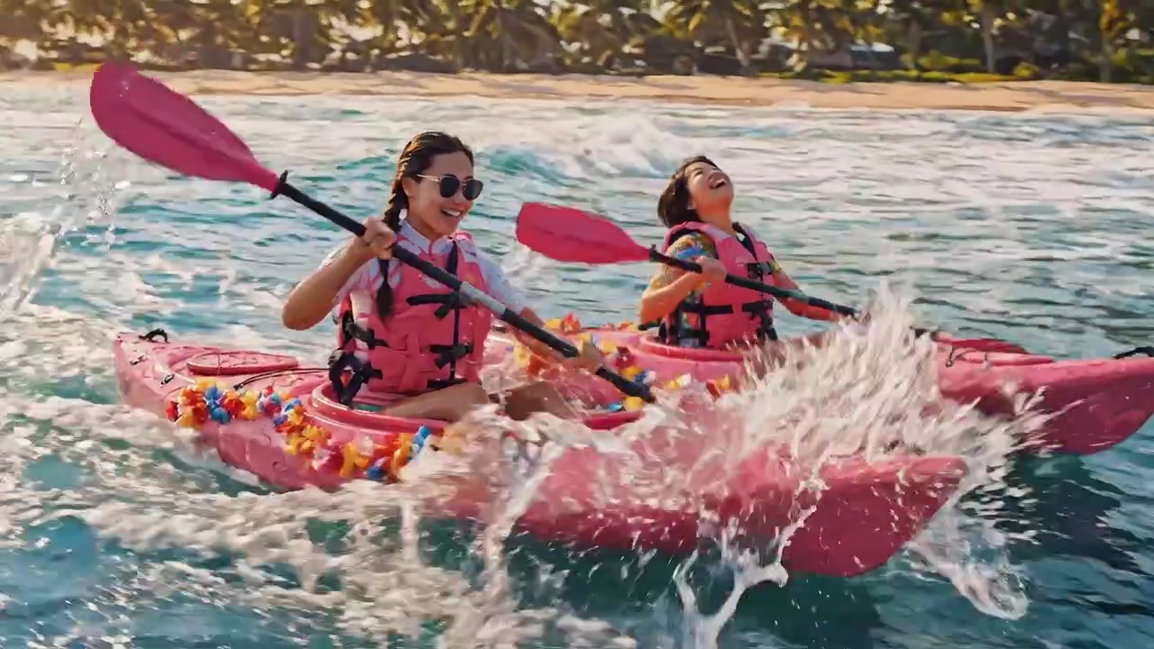 Due amici che fanno kayak con gioia in kayak rosa colorati su una spiaggia assolata, circondati da bellissime onde e palme, catturando l'essenza delle avventure estive.