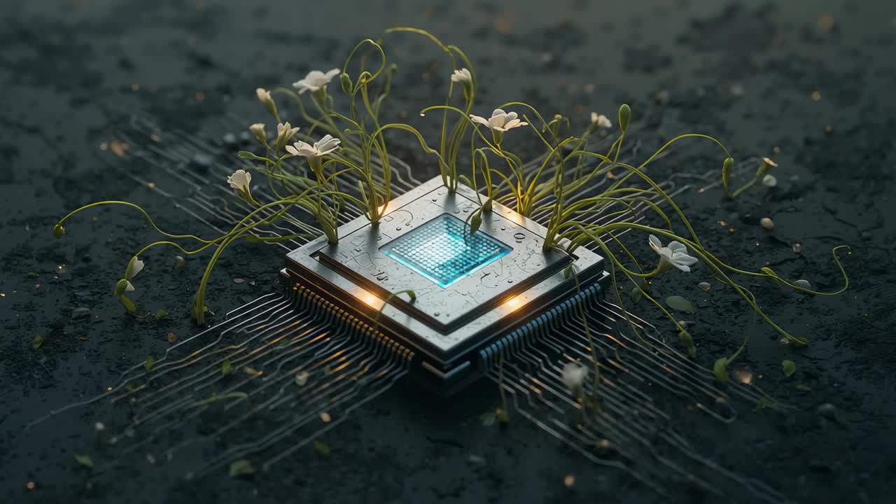 Microchip de metal reagente brotando gavinhas e abrindo flores em solo úmido em direção ao núcleo azul pulsante