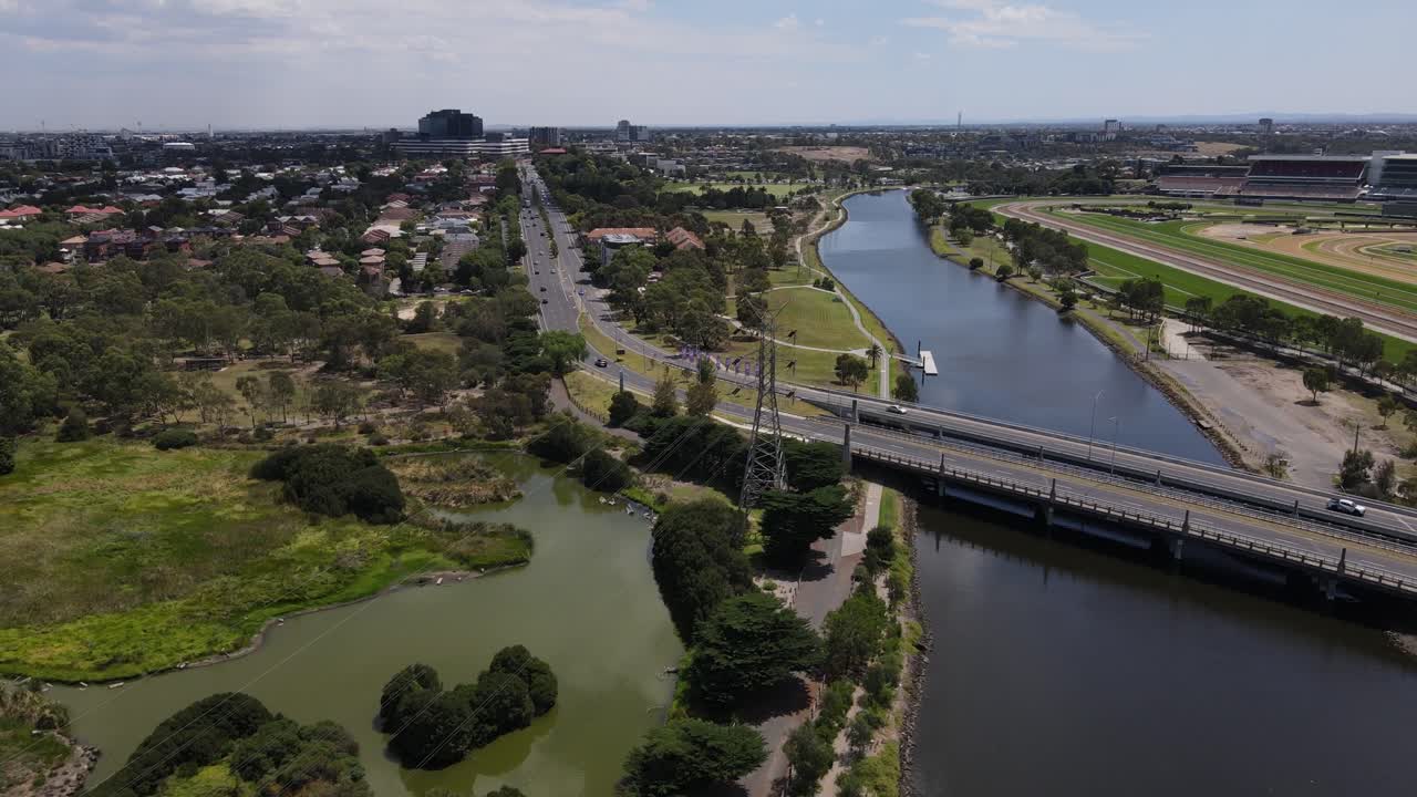 Aerial drone above Maribyrnong River and nature reserve in Footscray, Melbourne