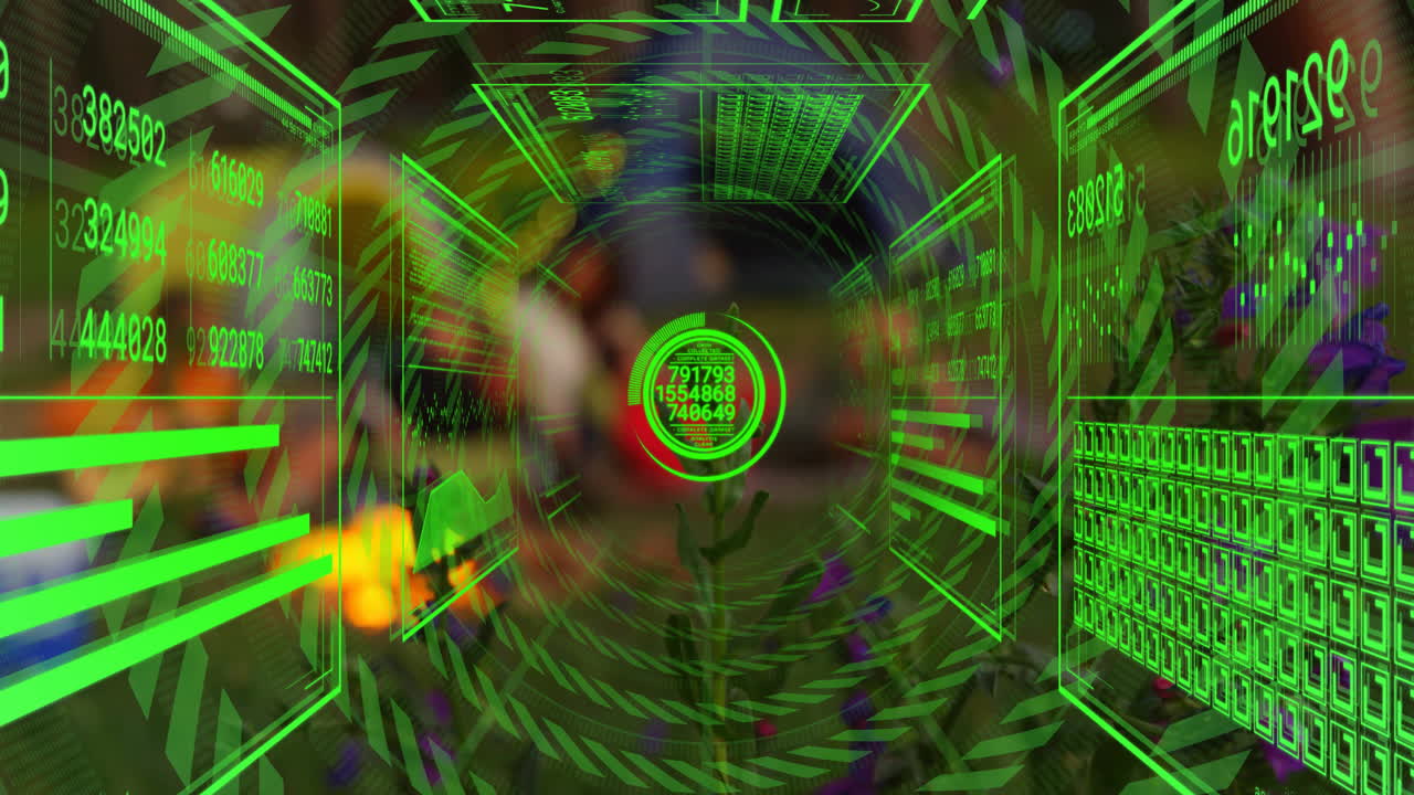Green holographic data and numbers in futuristic digital animation interface