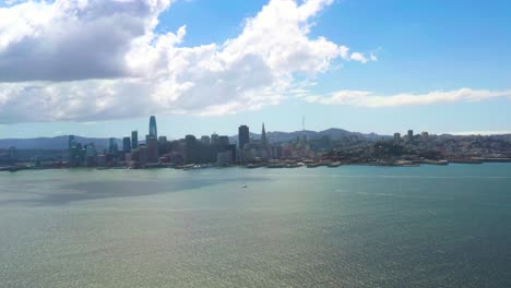 san francisco city skyline and coastline in california bay area, aerial drone panning