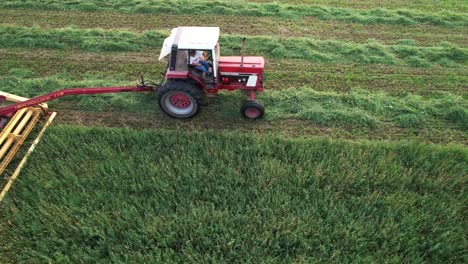 Using-a-hyrdoswing-swather,-a-Wisconsin-farmer-cuts-a-field-of-alfalfa-and-grass