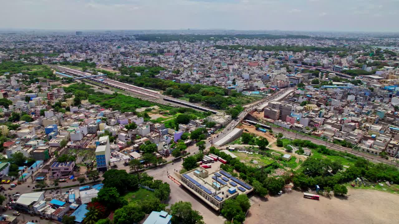 Falaknuma areal view with railway station and Bus Terminal at Hyderabad, Telangana, India. Day time, Push in, Drone Shot, 4k
