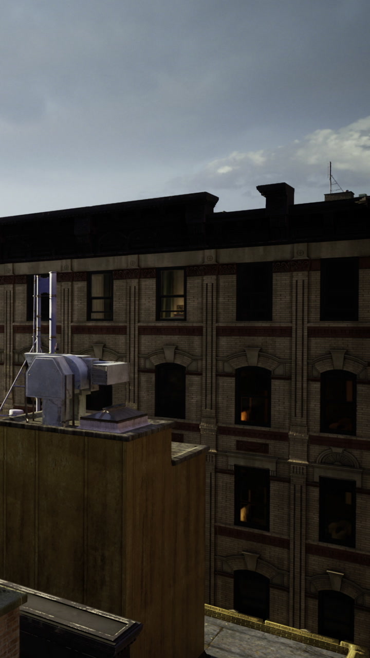 Urban landscape at dusk with rooftop machinery and vintage architecture
