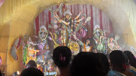 during this time of durga puja, one of the main festivals of bengalis, people throng the idol premises in large numbers to see the goddess.