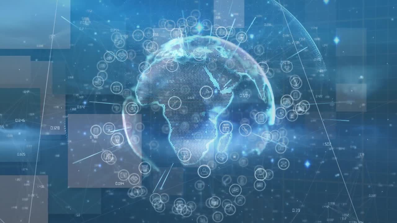 아이콘, 조명 및 블루 스페이스에서 회전하는 지구의 애니메이션