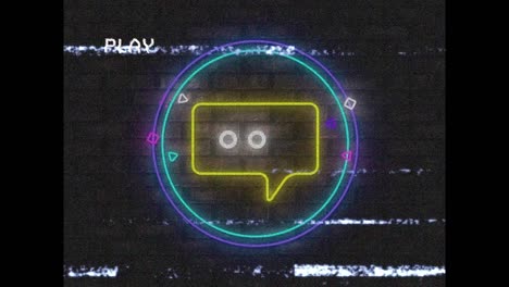 animación de la pantalla con glitch y círculo de neón con icono de mensaje en fondo negro
