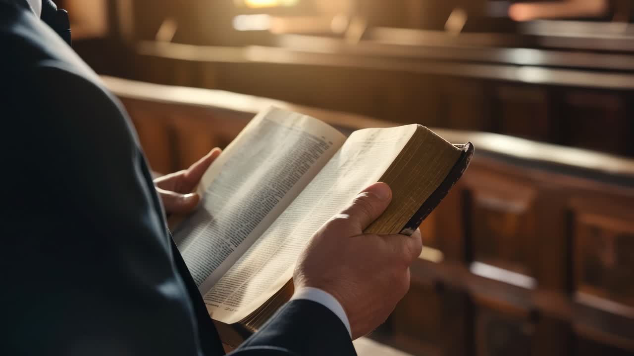 A close-up video angle captures hands holding an open book in a sunlit, wooden pew setting