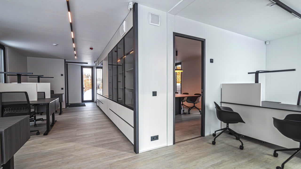 Modern Empty Office Interior with Workstations and Conference Room