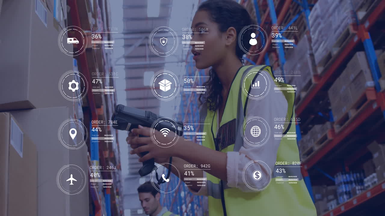 animación de iconos y procesamiento de datos sobre diversas personas que trabajan en la oficina