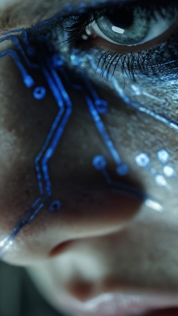 Primo piano di un intricato design di un volto cibernetico, che mostra pattern di circuiti high-tech sulla pelle e tratti espressivi in un concept artistico futuristico