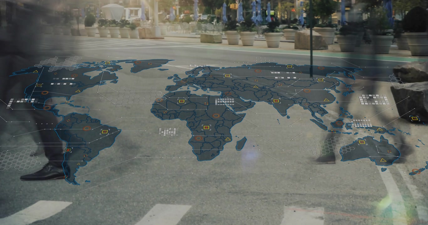 Business commuters stepping across street initiating map overlay evolving data icons for analytics