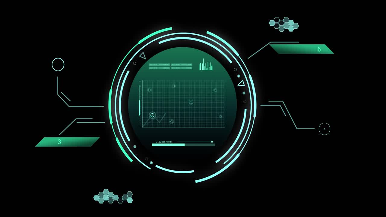 Animation of scope and scientific data processing over black background