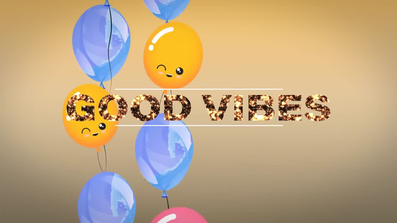 갈색에 떠다니는 풍선과 함께 반 ⁇ 이는 금으로 좋은 진동 단어의 애니메이션