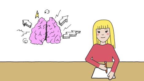 Animation-of-human-brain-with-arrows-and-thunder-flashes-and-schoolgirl-writing-on-white-background