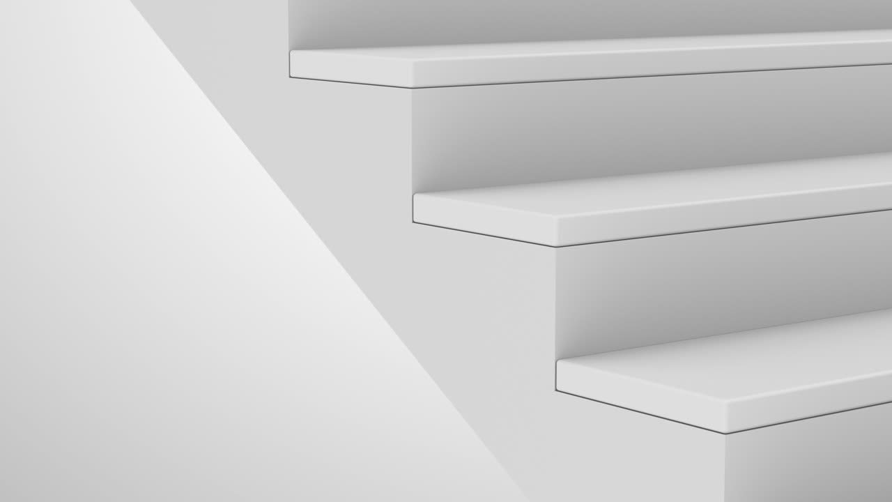 Staircase in white interior. Abstract architecture background. Business growth, progress way and forward achievement concept. Career promotion, personal, business development. 3d animation loop of 4K