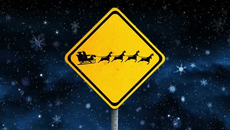 Santa-claus-in-sleigh-being-pulled-by-reindeers-on-yellow-sign-board-against-black-background-with-w