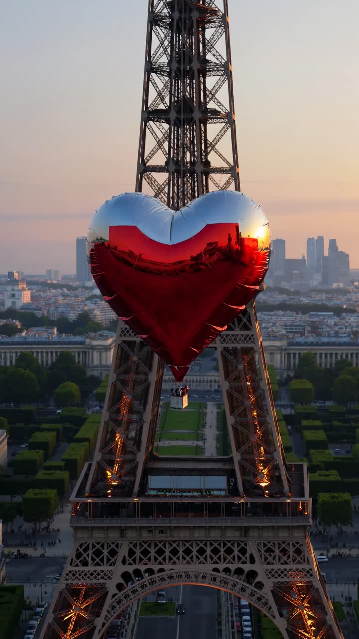 Ripresa aerea di un video con un grande pallone a forma di cuore rosso attaccato alla Torre Eiffel al tramonto