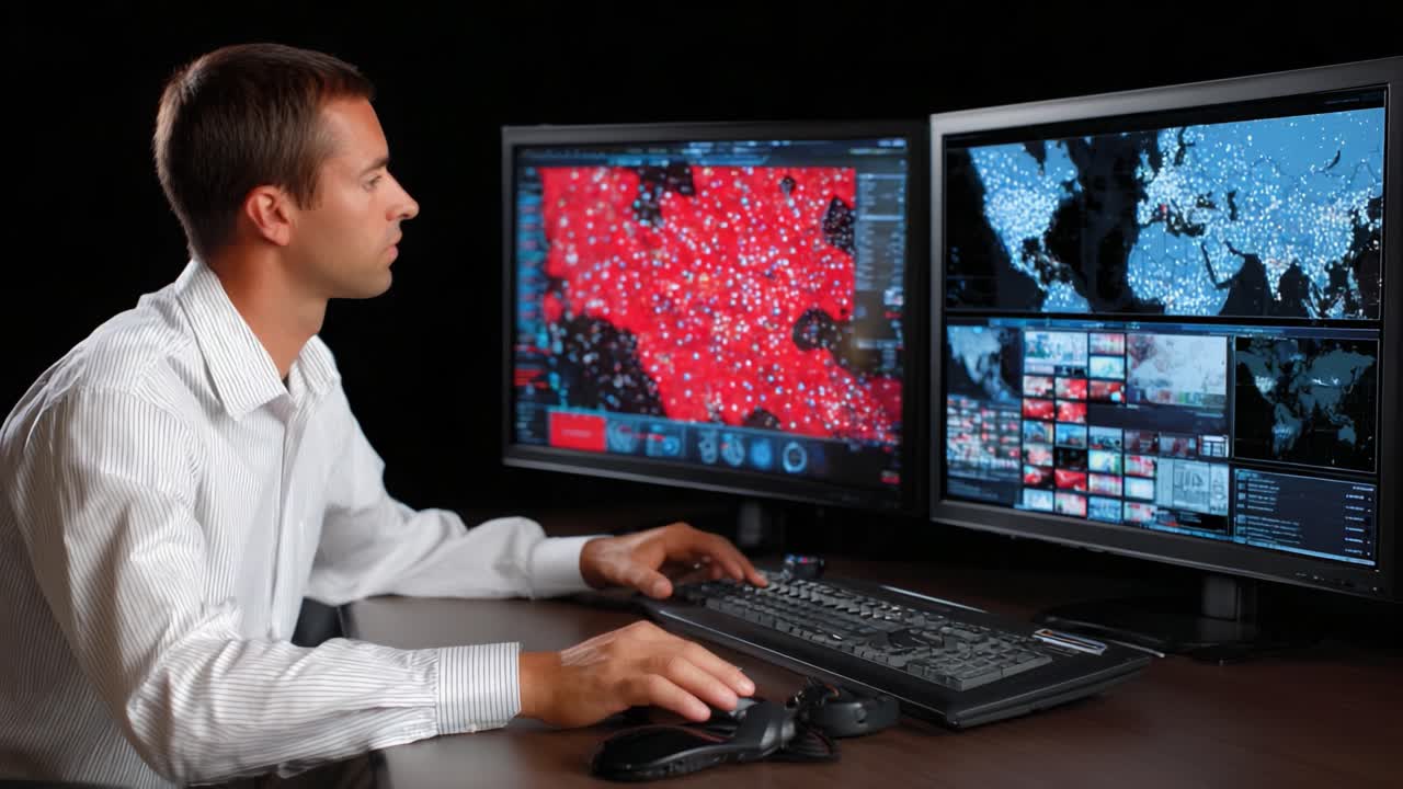 Focused Analyst Monitoring Global Data Trends with Multiple Screens Displaying Maps and Visualizations in High-Tech Control Center Environment