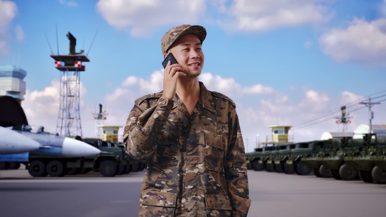 Soldato in servizio che parla al cellulare in una base aerea.