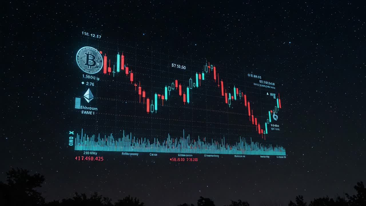 Dynamic Cryptocurrency Market Visualization Under a Starry Sky: Bitcoin and Ethereum Performance Analysis with Real-Time Data Trends and Forecasting Elements