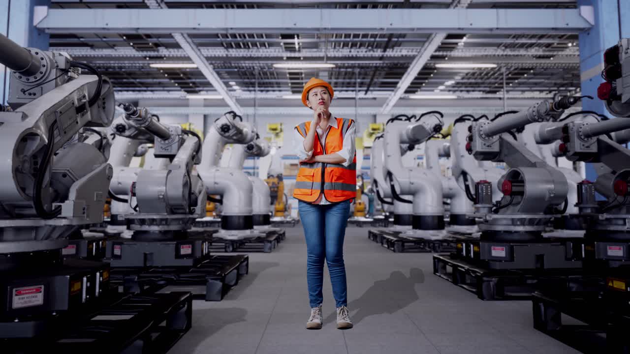 Woman Engineer in a Factory with Industrial Robots