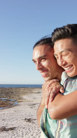 vertical video of diverse male couple embracing at promenade by the sea, slow motion