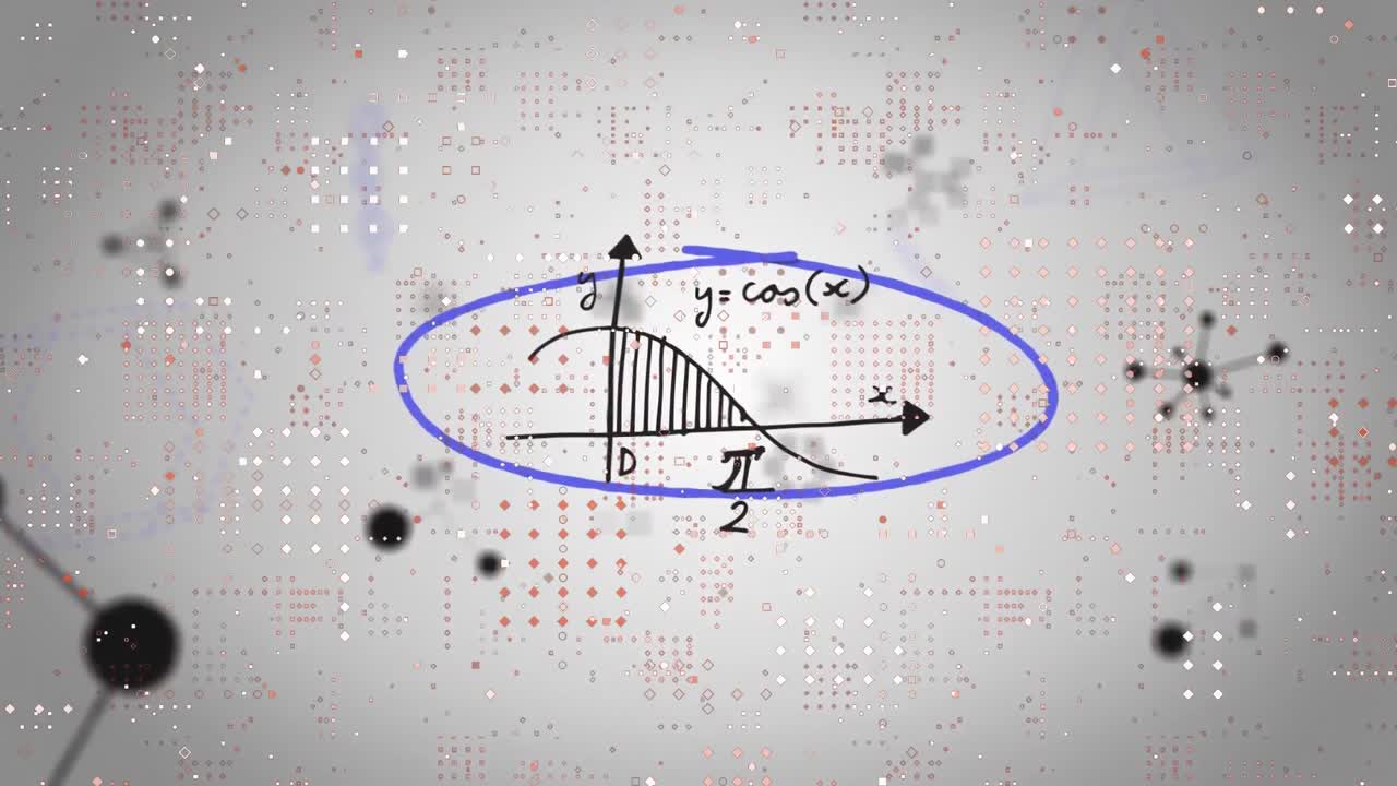 회색 배경에 떠다니는 마이크로프로세서 연결과 수학적 방정식의 애니메이션