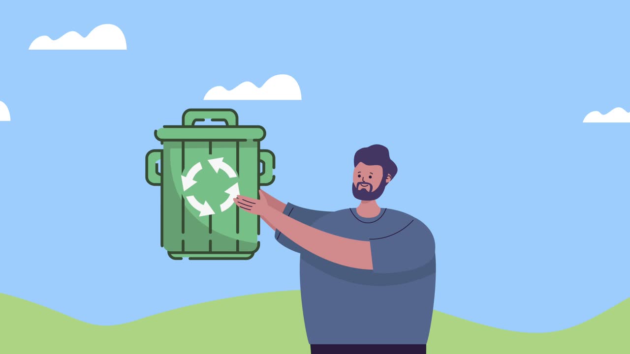 eco friendly animation with man lifting recycle waste