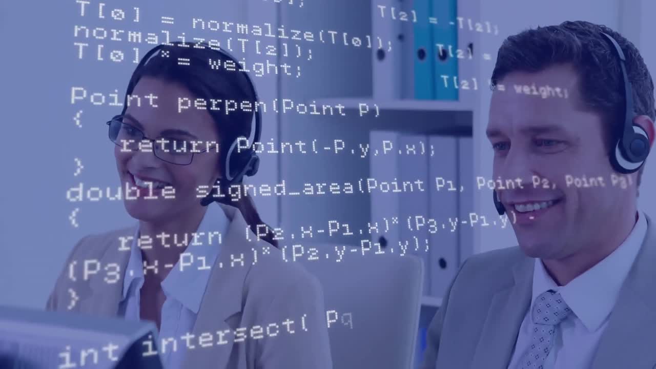 Animation of data processing over business people using phone headsets