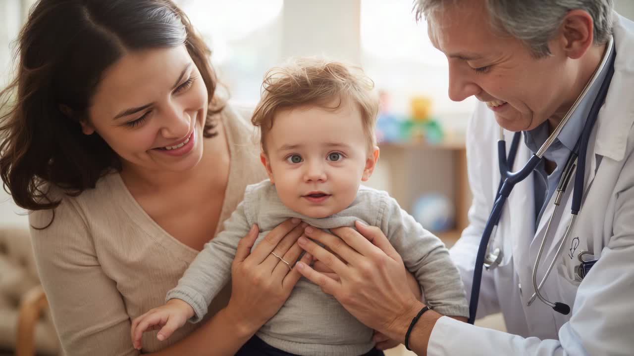 Leaning in, Dr in white coat listening with stethoscope, mom holding infant in clinic for checkup
