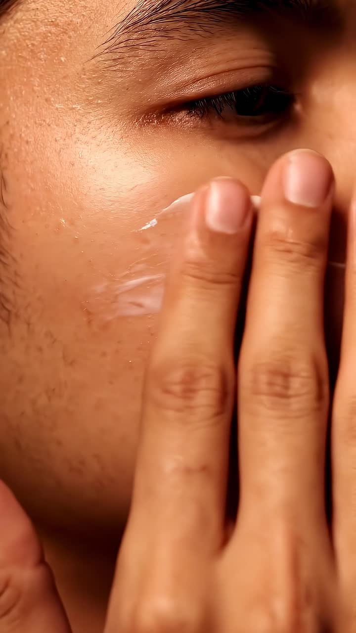 Close-up video of a person applying cream to their face, showcasing skincare routine
