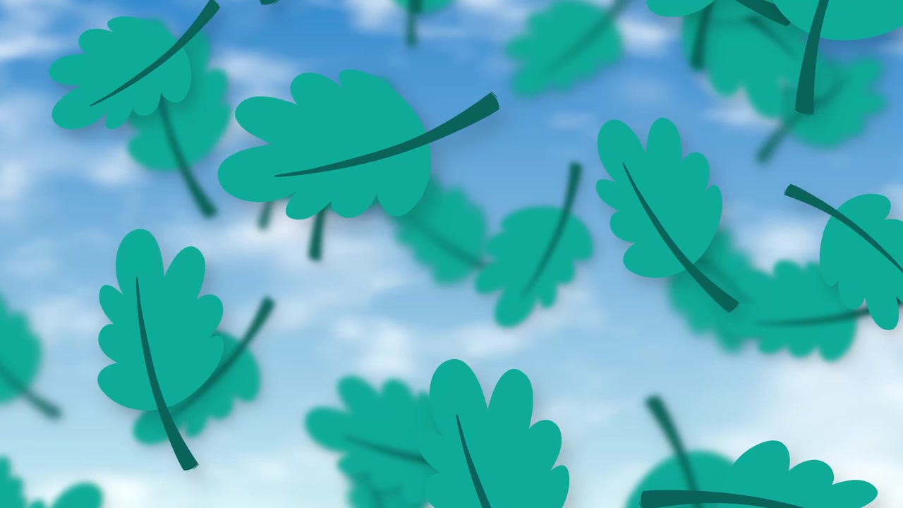 Stylized green oak leaves fall and tumble slowly against a soft blue sky background.