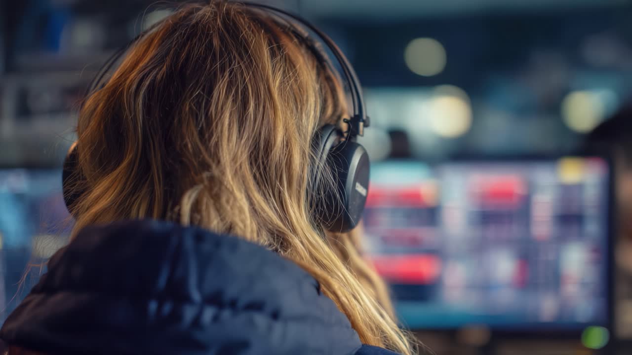 Focused Engagement: A Person with Headphones Immersed in Technology and Data Analysis in a Busy Environment