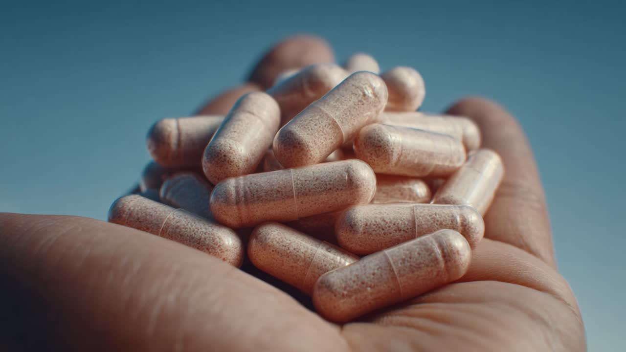 A Close-Up View of Hand Holding Numerous Capsules: Exploring Health Supplements with Rich Textures and Glimmers Under Soft Lighting