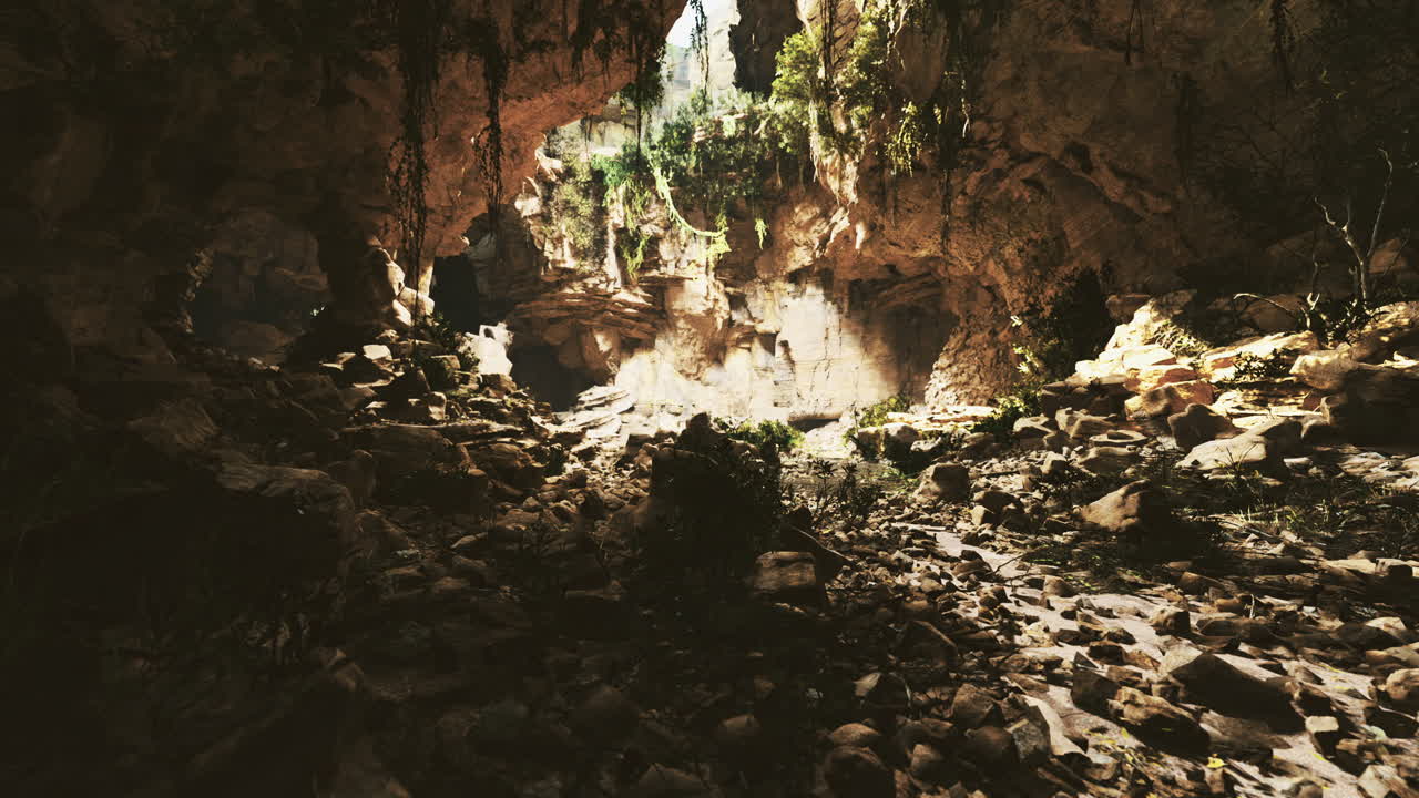 Exploring a vast cave with sunlight filtering through lush greenery