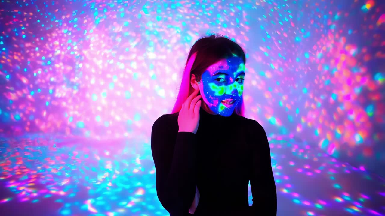 mujer con pintura facial de neón en luces coloridas