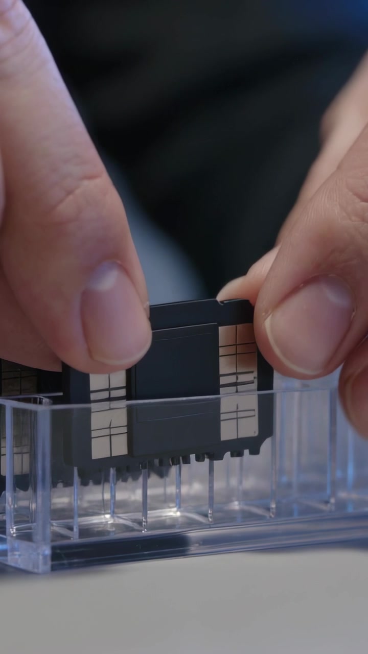 Vertical video: Picking up hands aligning, placing black module into clear tray on desk for storage
