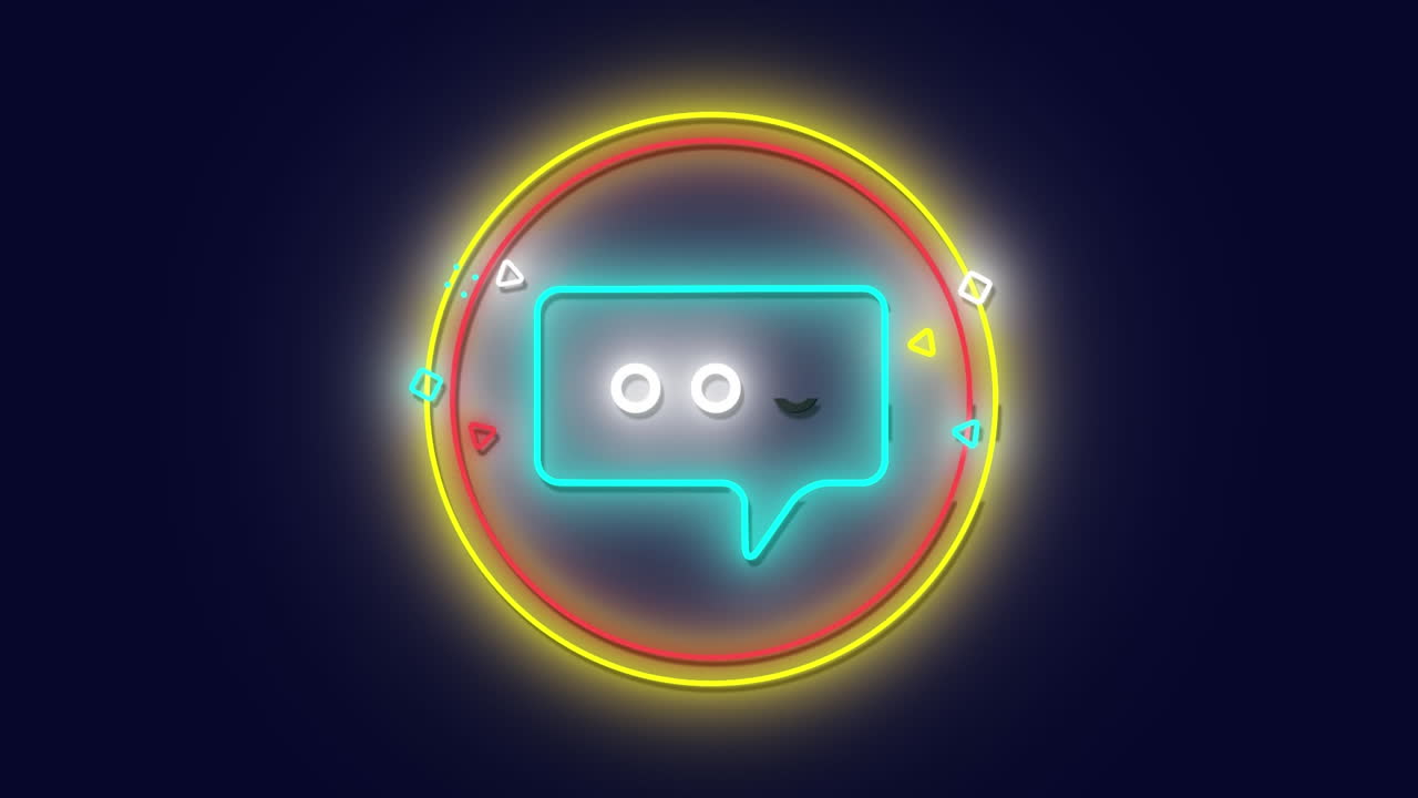 Flickering neon digital message icon in circle over dark background
