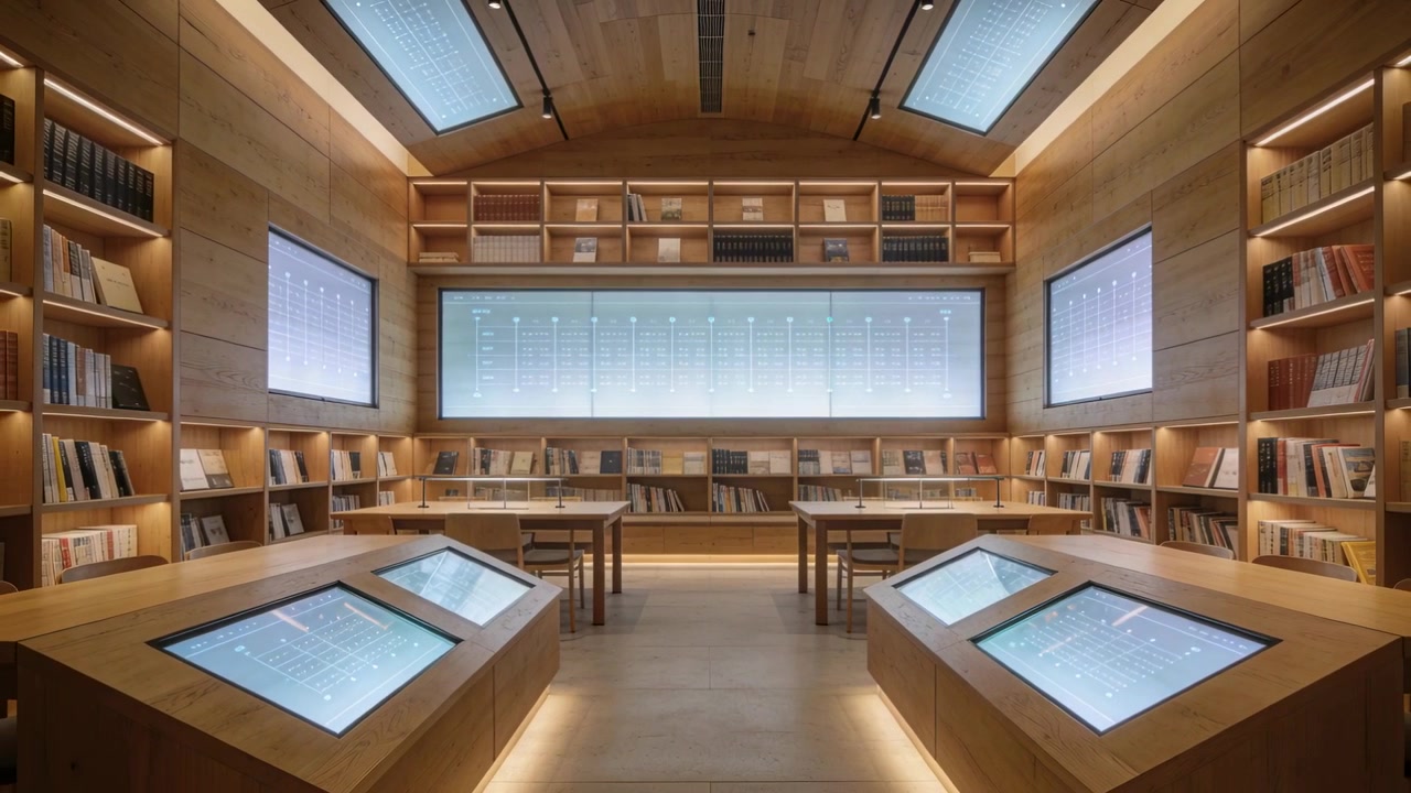 Lighting wood reading room showing subtle shifts from auto-exposure, with kiosks and wall panels