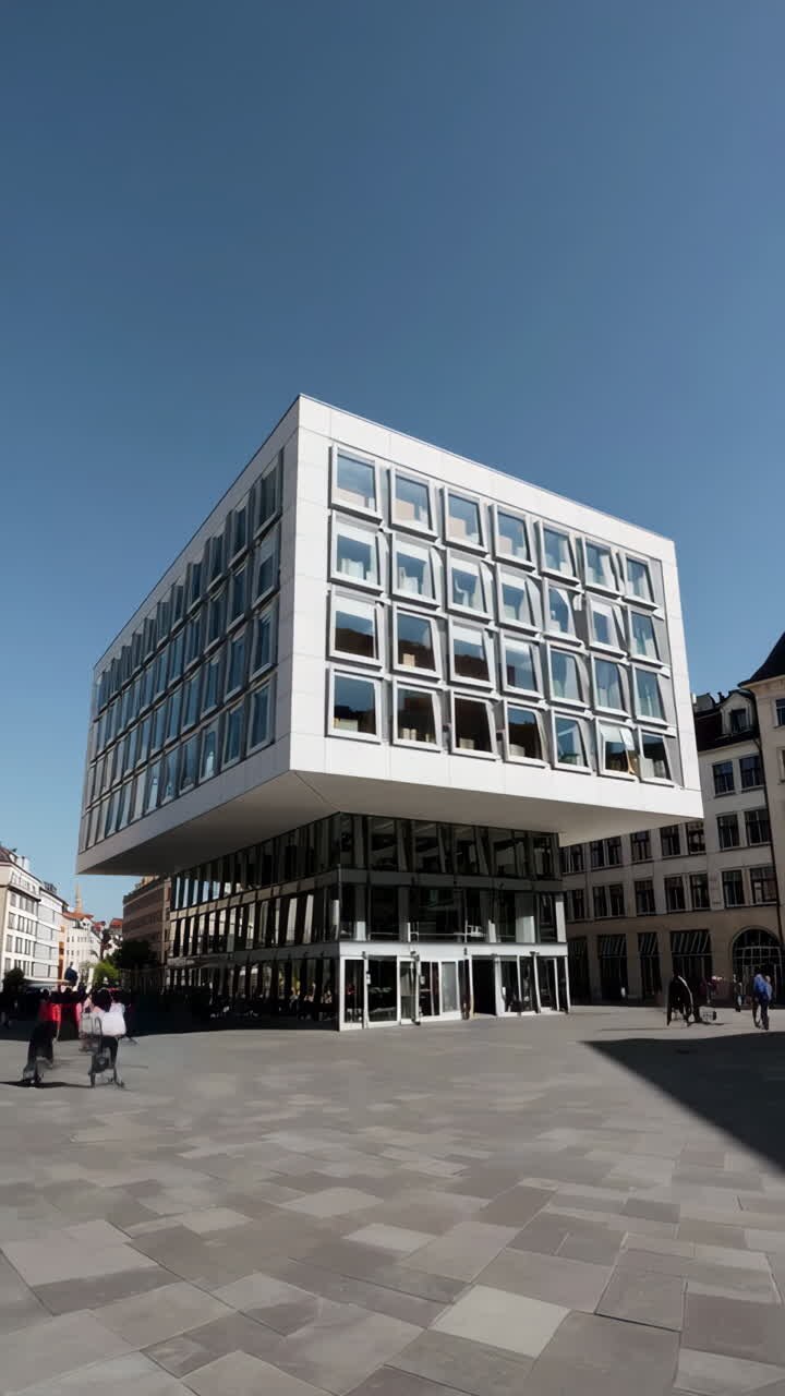 Moderno edificio bianco con design a sbalzo in una piazza urbana