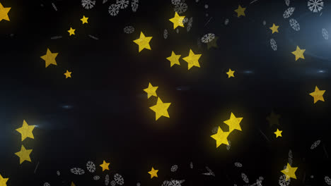 digital animation of snowflakes and yellow star icons floating on blue background