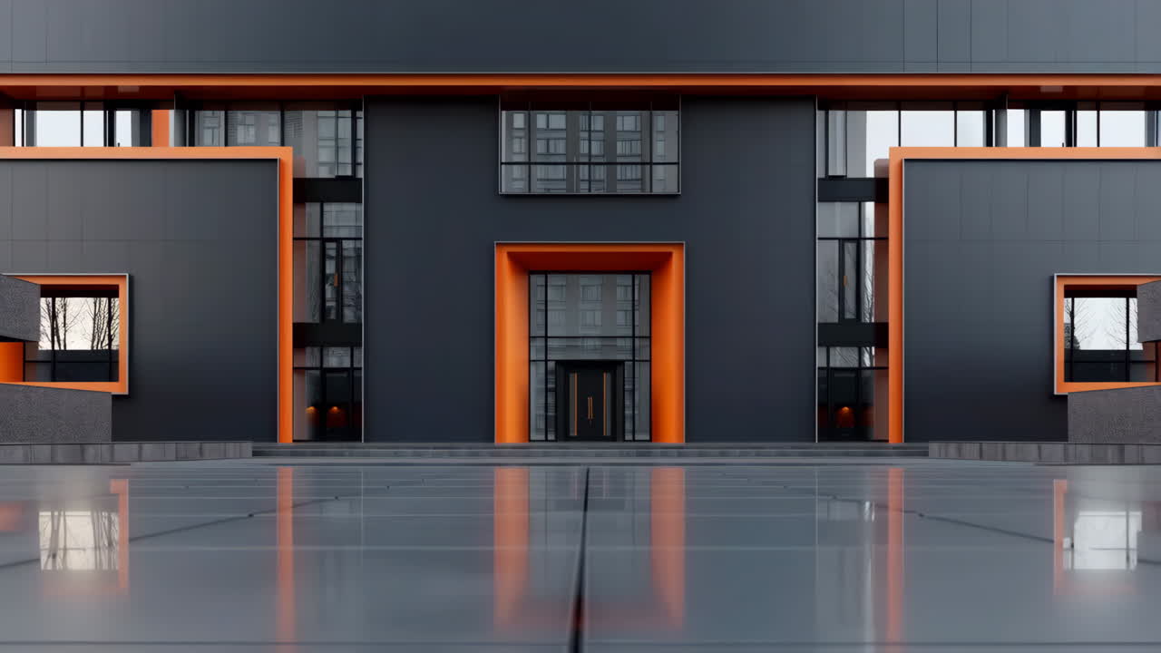 Modern Building Facade with Orange Accents and Reflective Foreground