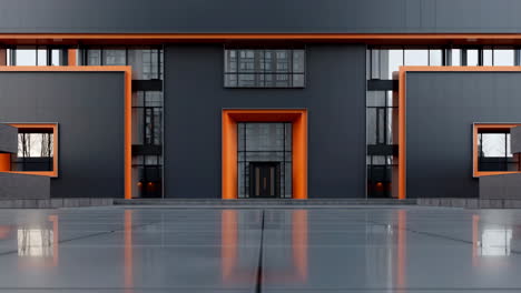 modern building facade with orange accents and reflective foreground
