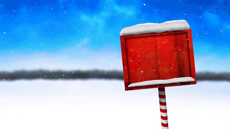 Animation of snow falling and north pole sign with copy space over winter scenery