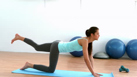 bruneta en forma haciendo pilates se mueve en el estudio