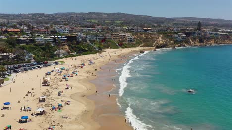 high aerial view over corona del mar beach, in newport beach, california