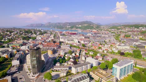 Right-Panning-drone-footage-of-the-city-of-Sandnes,-Norway