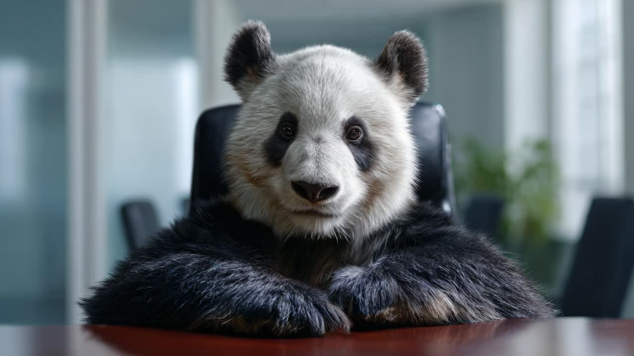 Zamyšlená panda sedící u konferenčního stolu, ponořená do rozjímání, přemýšlející o obchodních záležitostech v moderním kancelářském prostředí.