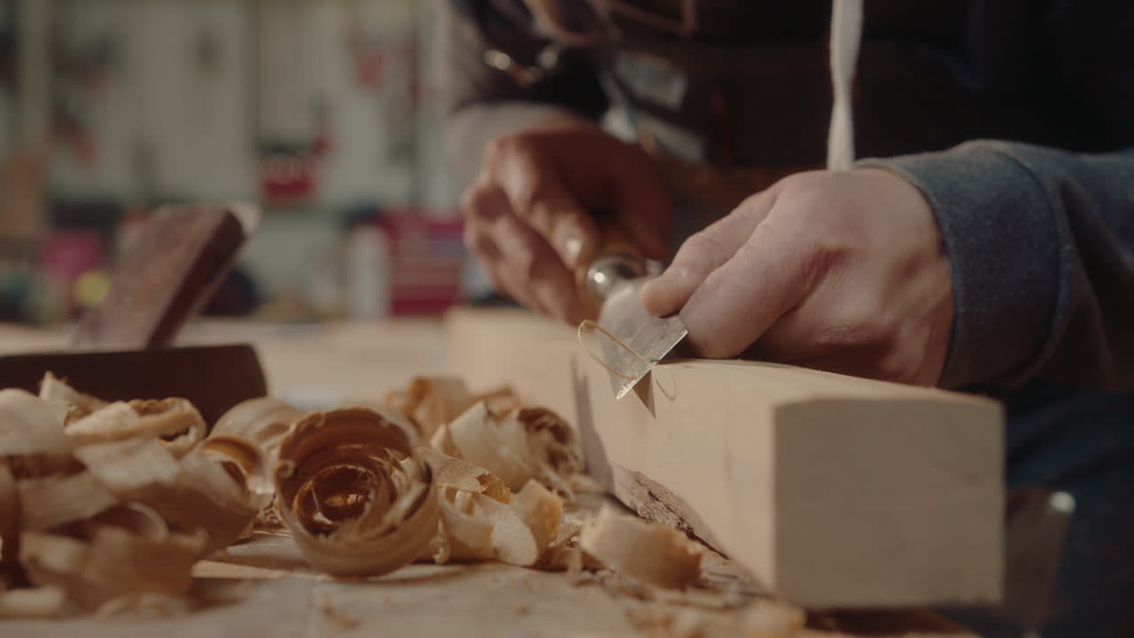 Hands of Woodworker Using Chisel in Carpentry Workshop